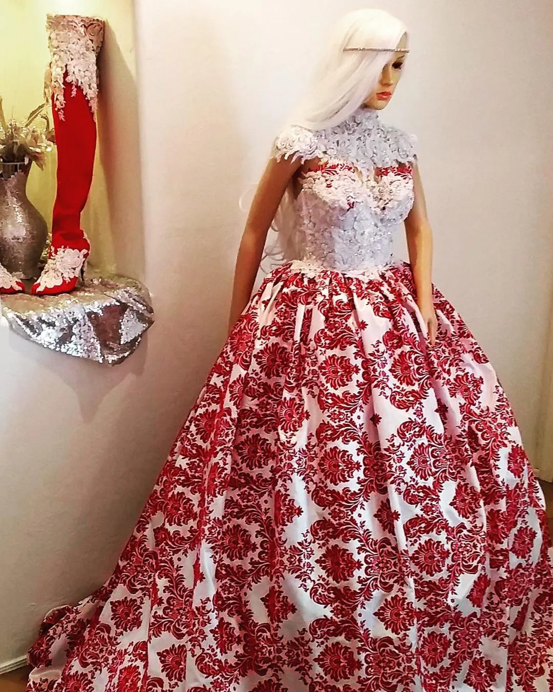 "FRANCES" Red & White Damask Lace Wedding Ballgown Set