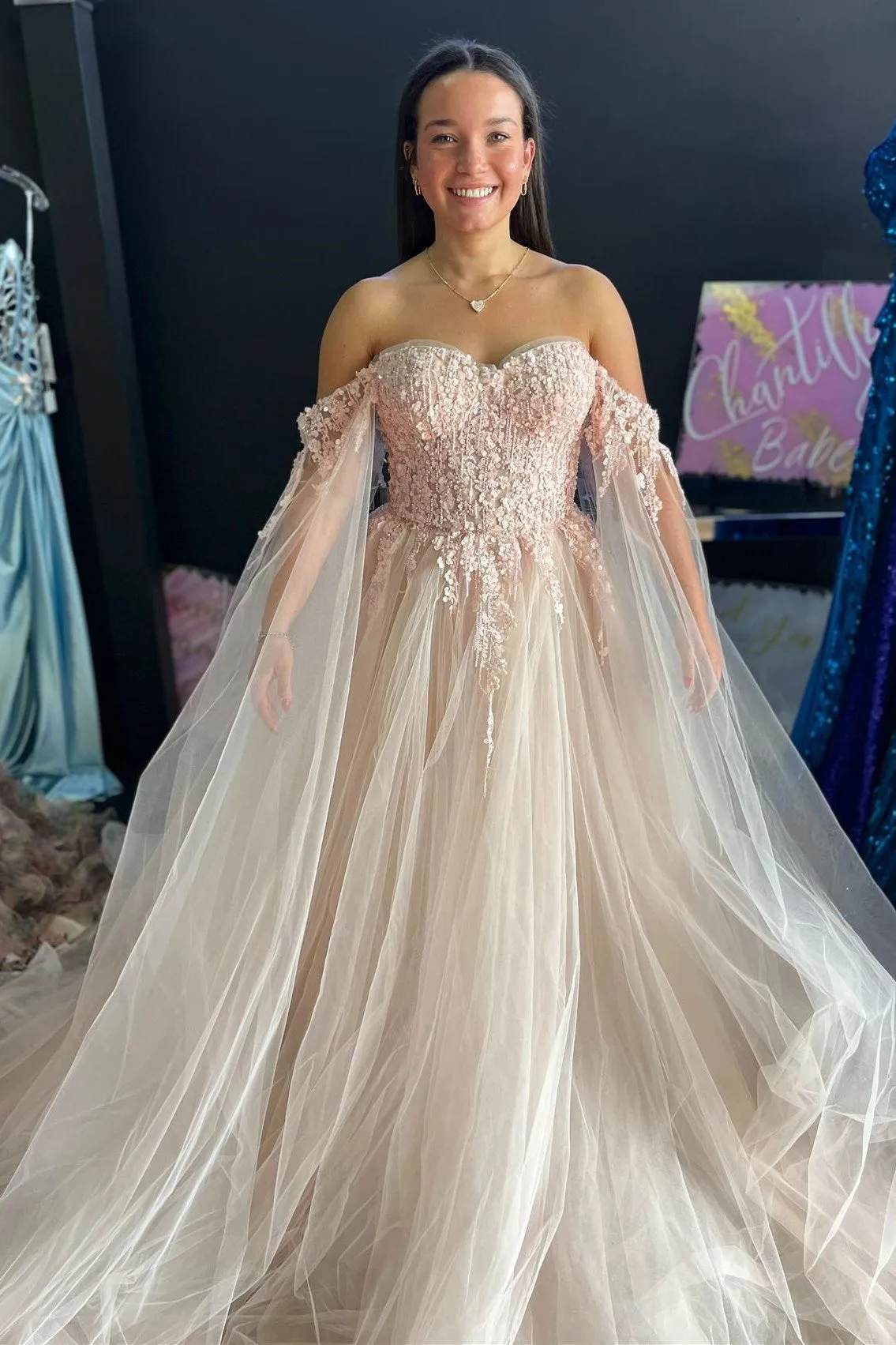 Ralap | Blush Pink 3D Floral Lace Off-the-Shoulder Ball Gown