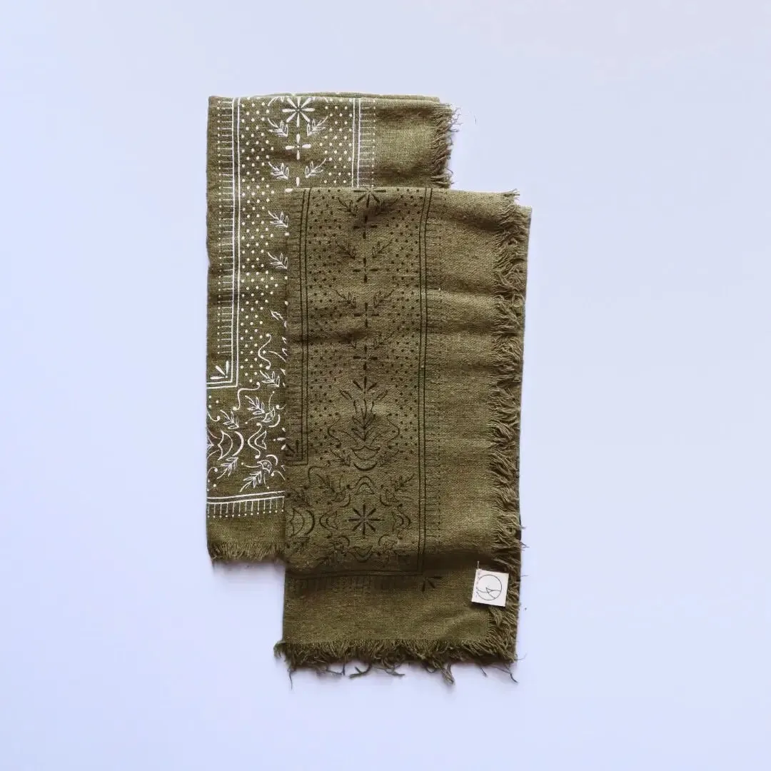 Raw Silk Bandana in Olive Green Classic Print -White Ink