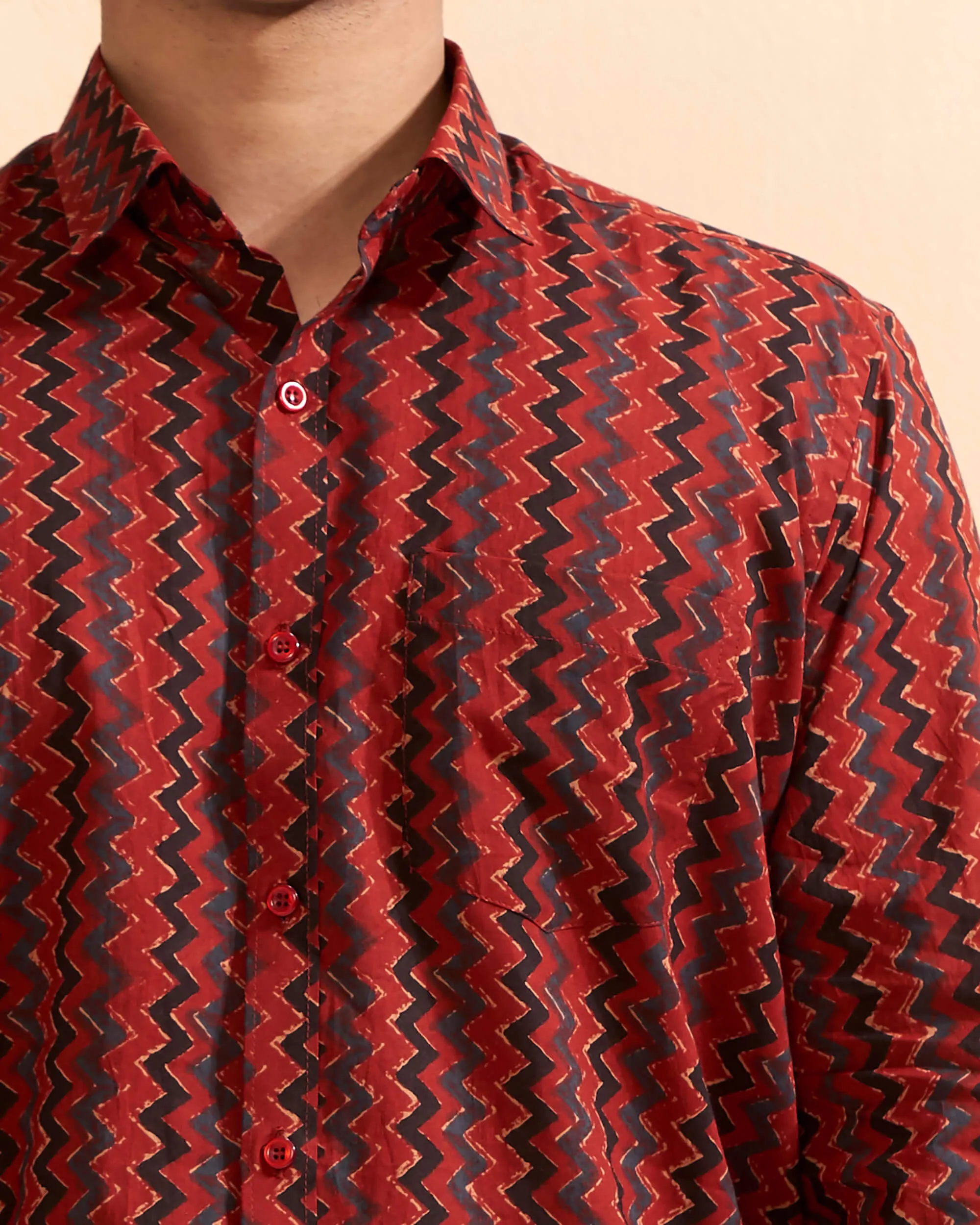 Red Full Sleeve Cotton Hand Block Printed Men's Shirt