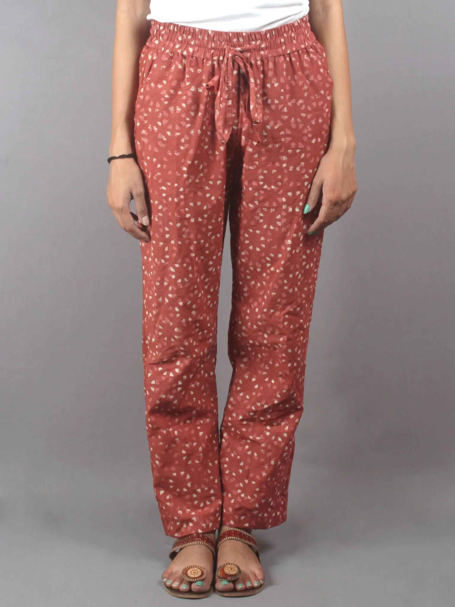 Red Hand Block Printed Elasticated Waist Trousers- T0317020