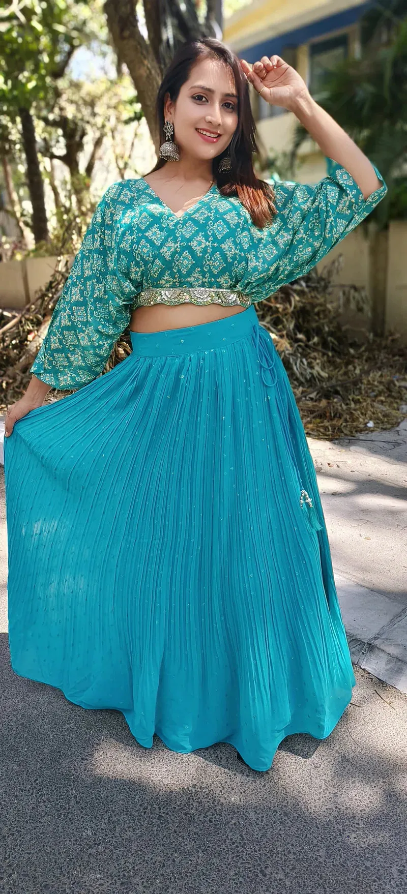 RFSS1701 - Chinnon crop top in Teal Blue With Pleated cancan skirt