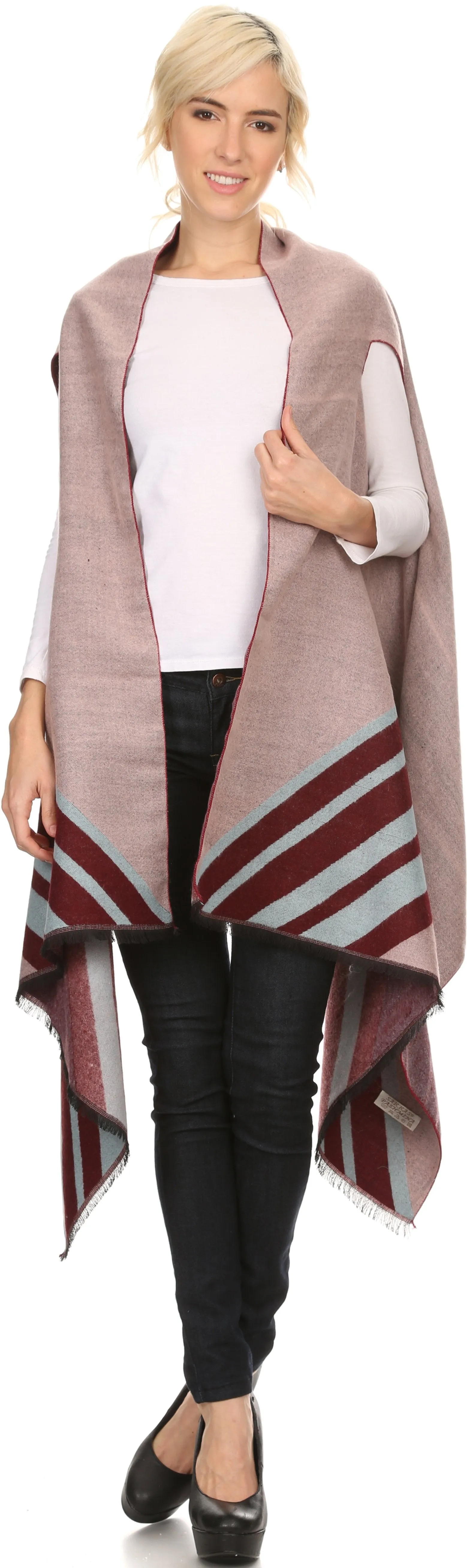 Sakkas Janeek Thick Warm Long Tapered Striped Multi Color Block Poncho Cape Wrap