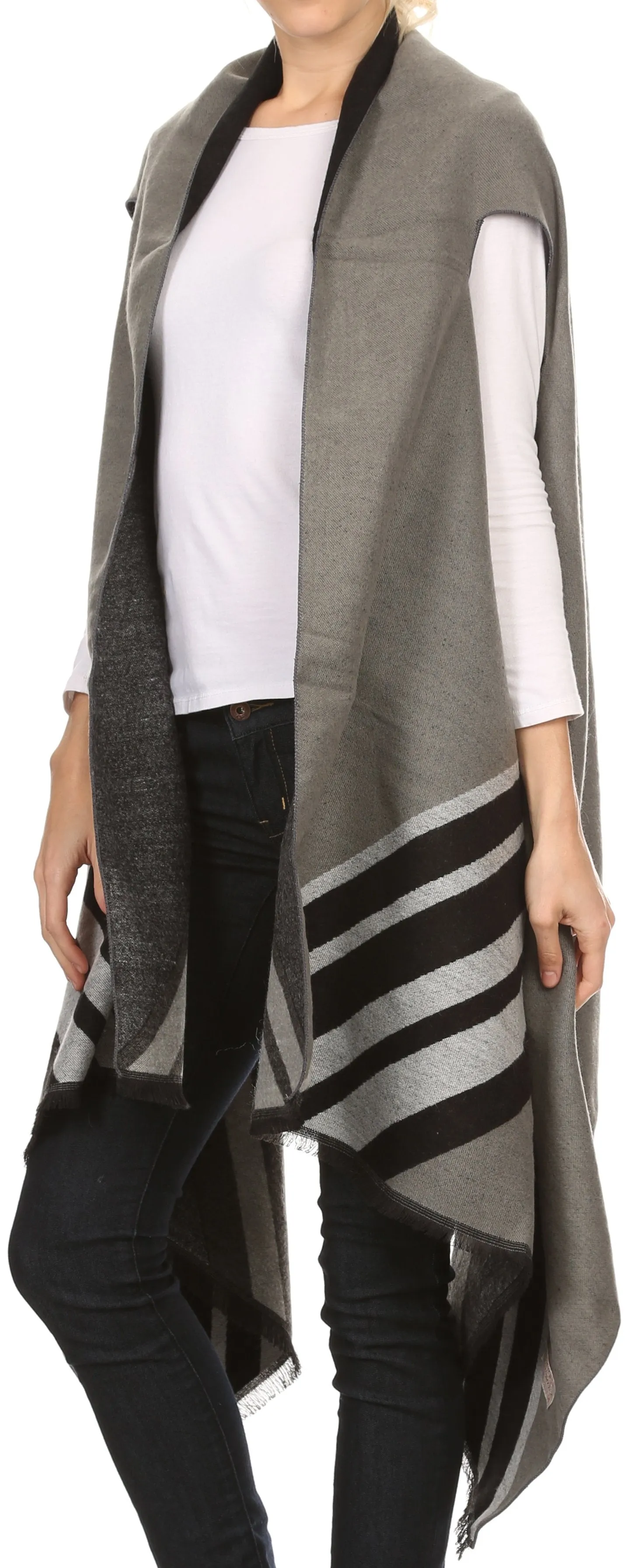 Sakkas Janeek Thick Warm Long Tapered Striped Multi Color Block Poncho Cape Wrap