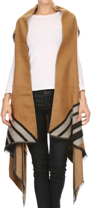 Sakkas Janeek Thick Warm Long Tapered Striped Multi Color Block Poncho Cape Wrap