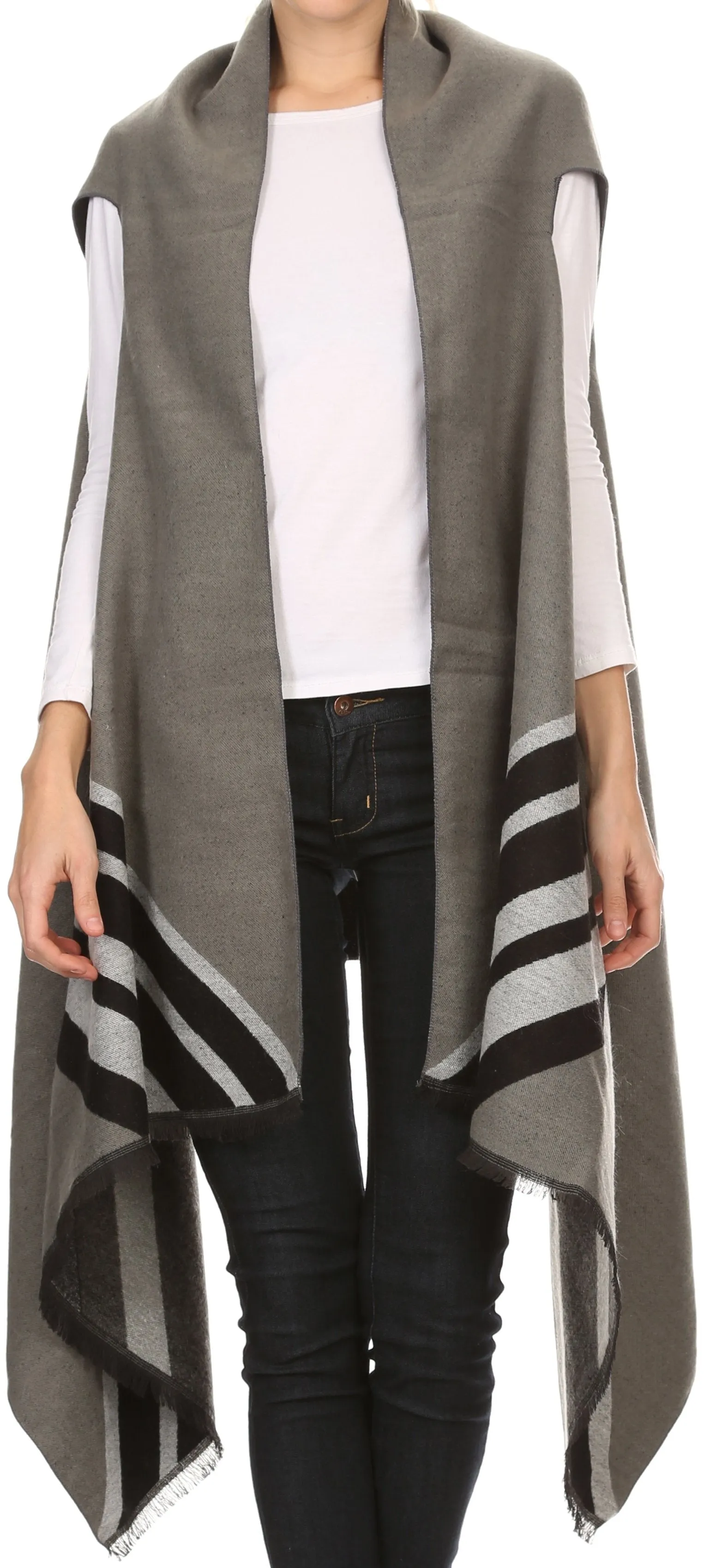 Sakkas Janeek Thick Warm Long Tapered Striped Multi Color Block Poncho Cape Wrap