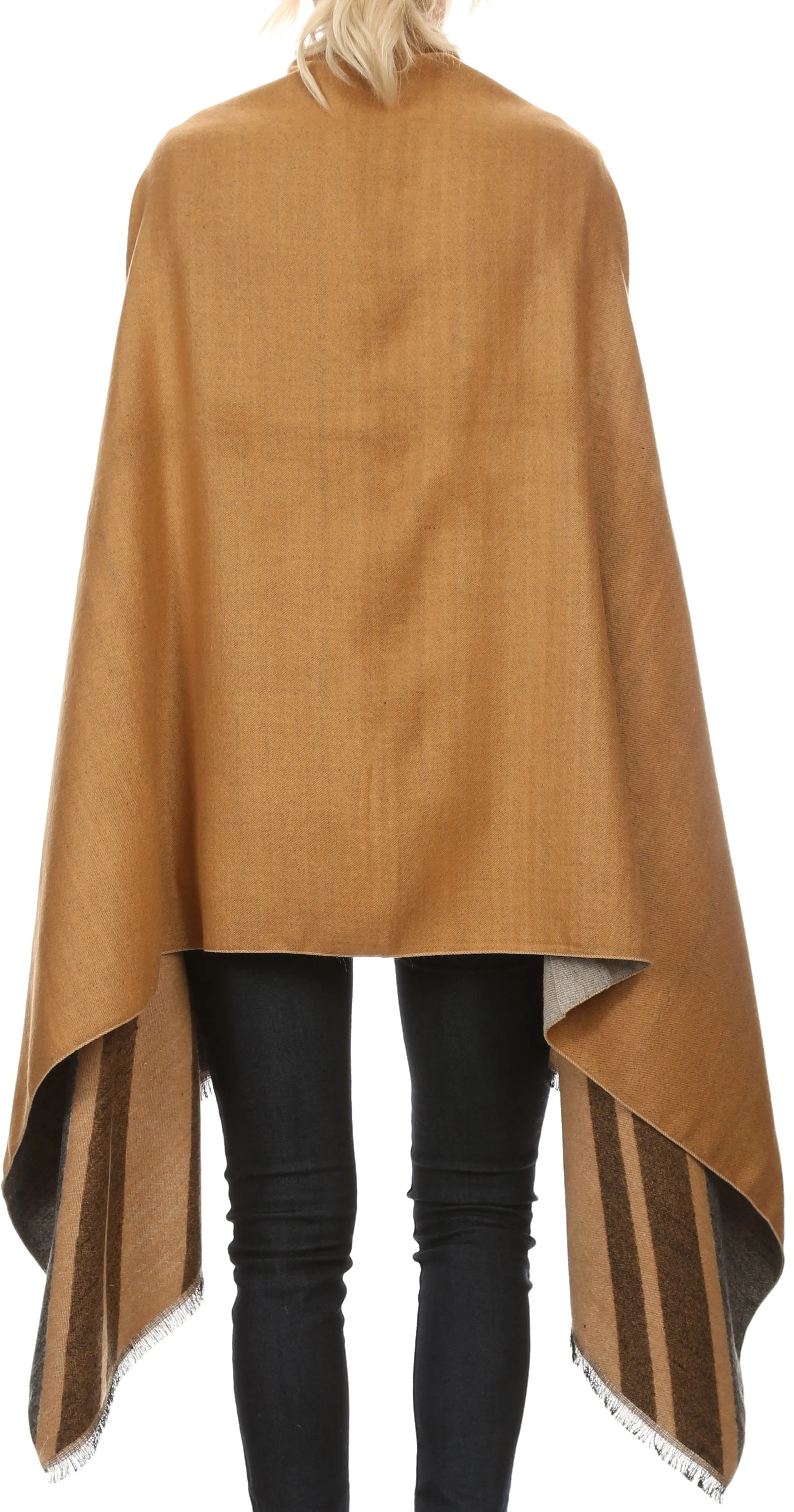 Sakkas Janeek Thick Warm Long Tapered Striped Multi Color Block Poncho Cape Wrap