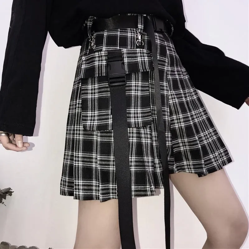 Sale High Waist Black Belts Pleated Plaid Skirt