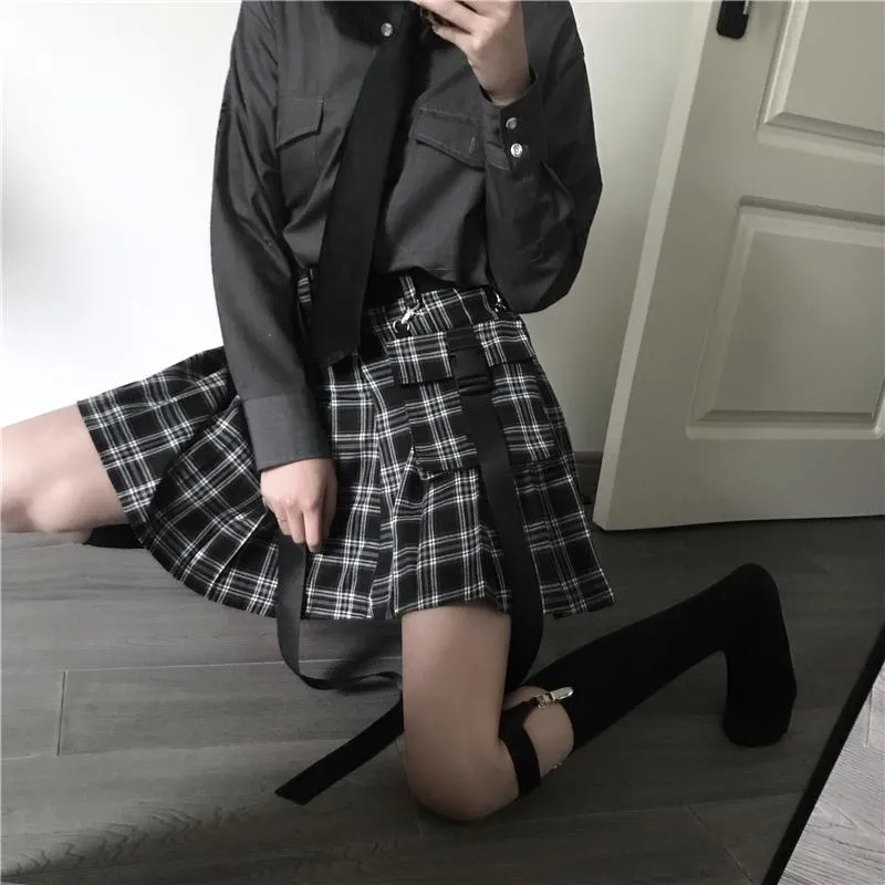 Sale High Waist Black Belts Pleated Plaid Skirt