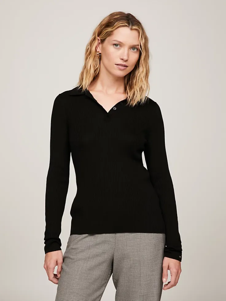 SGW Thermal V Neck Knit Shirt - Black Half Button