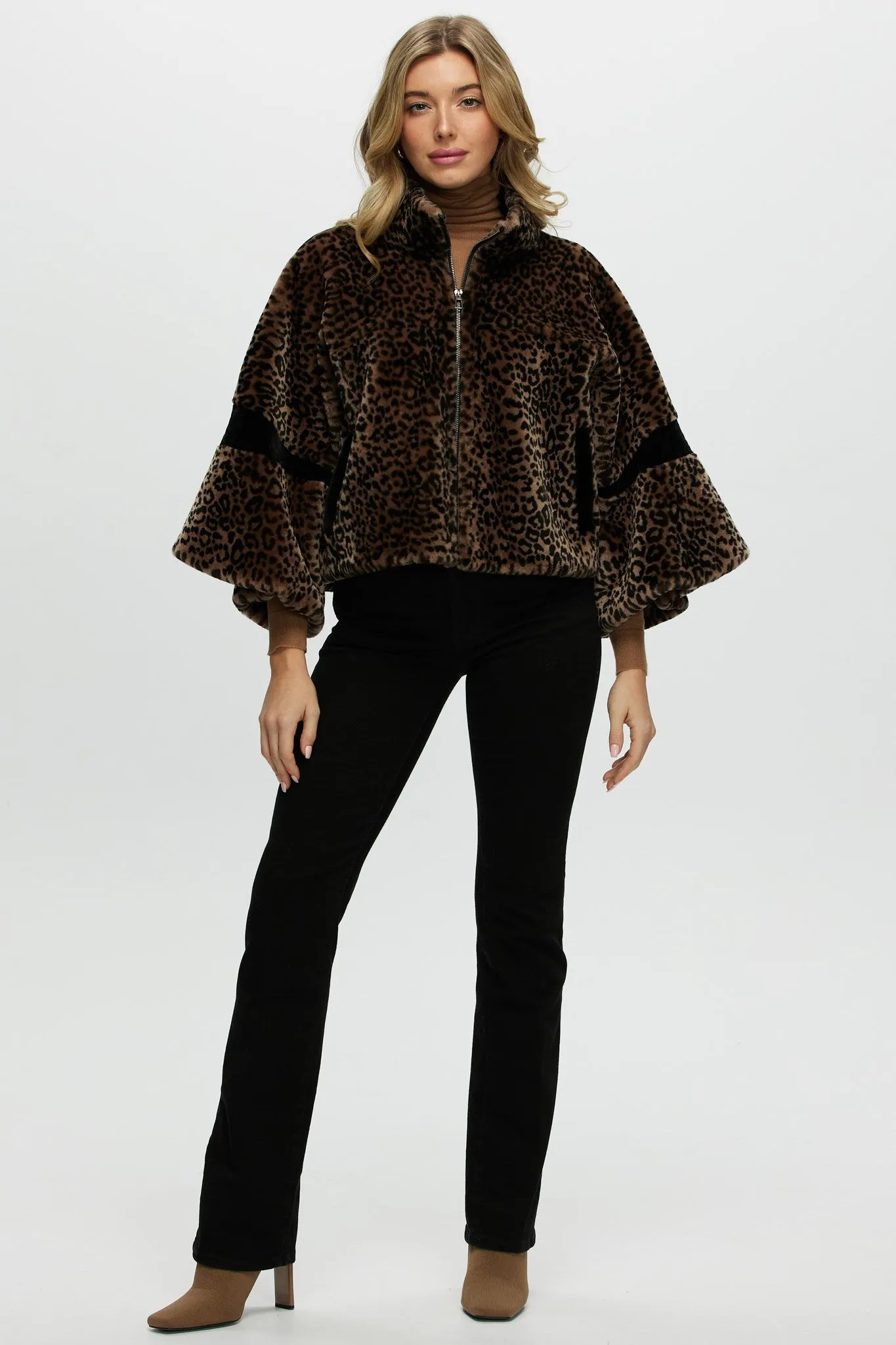 Shearling Lamb Zip Jacket with Cropped Sleeves