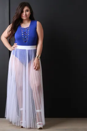 Sheer Mesh Tulle Pleated Maxi Skirt