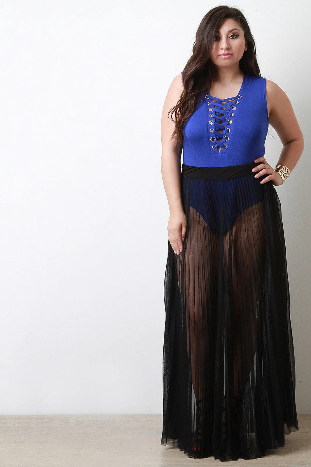 Sheer Mesh Tulle Pleated Maxi Skirt