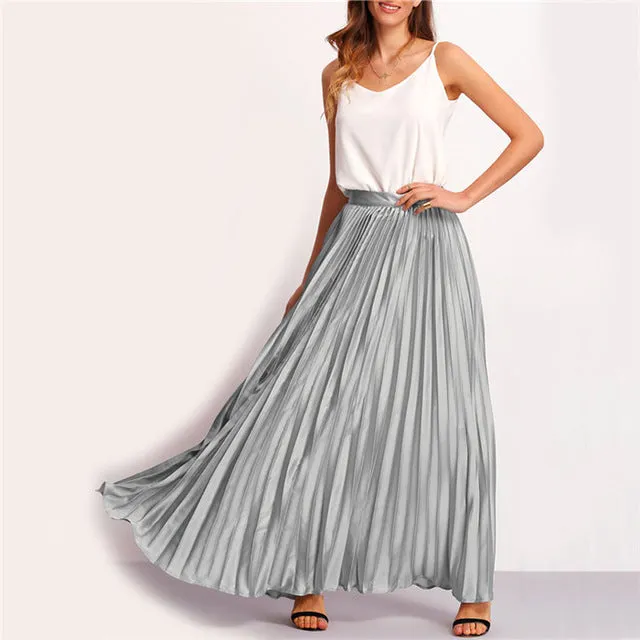 Sheinside Pleated Maxi Skirt 2017 Autumn Womens Hight Waist Fashion Designer Elegant Ladies Elastic Waist Beach Maxi Skirt