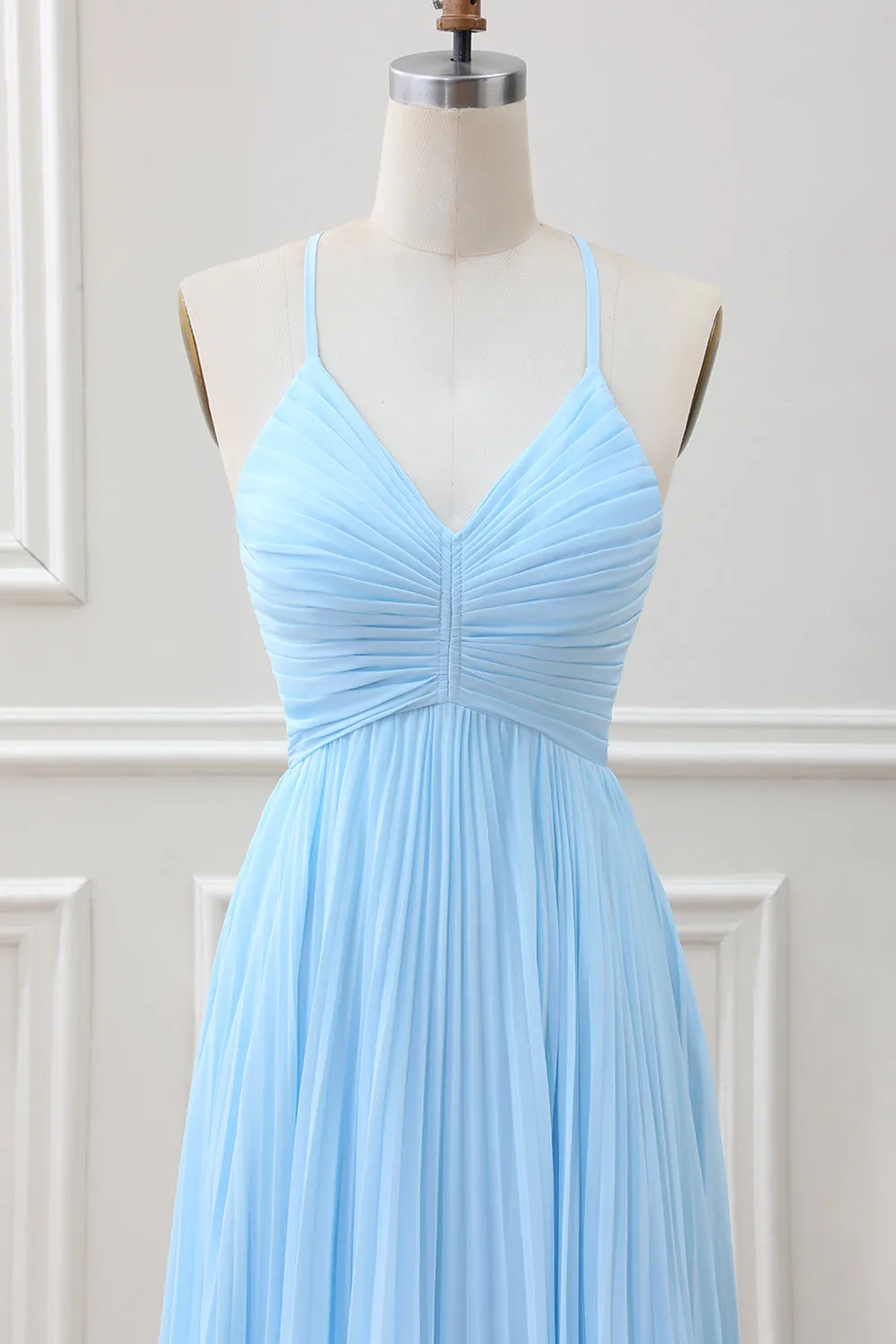 Sky Blue A Line Halter Pleated Chiffon Long Dress