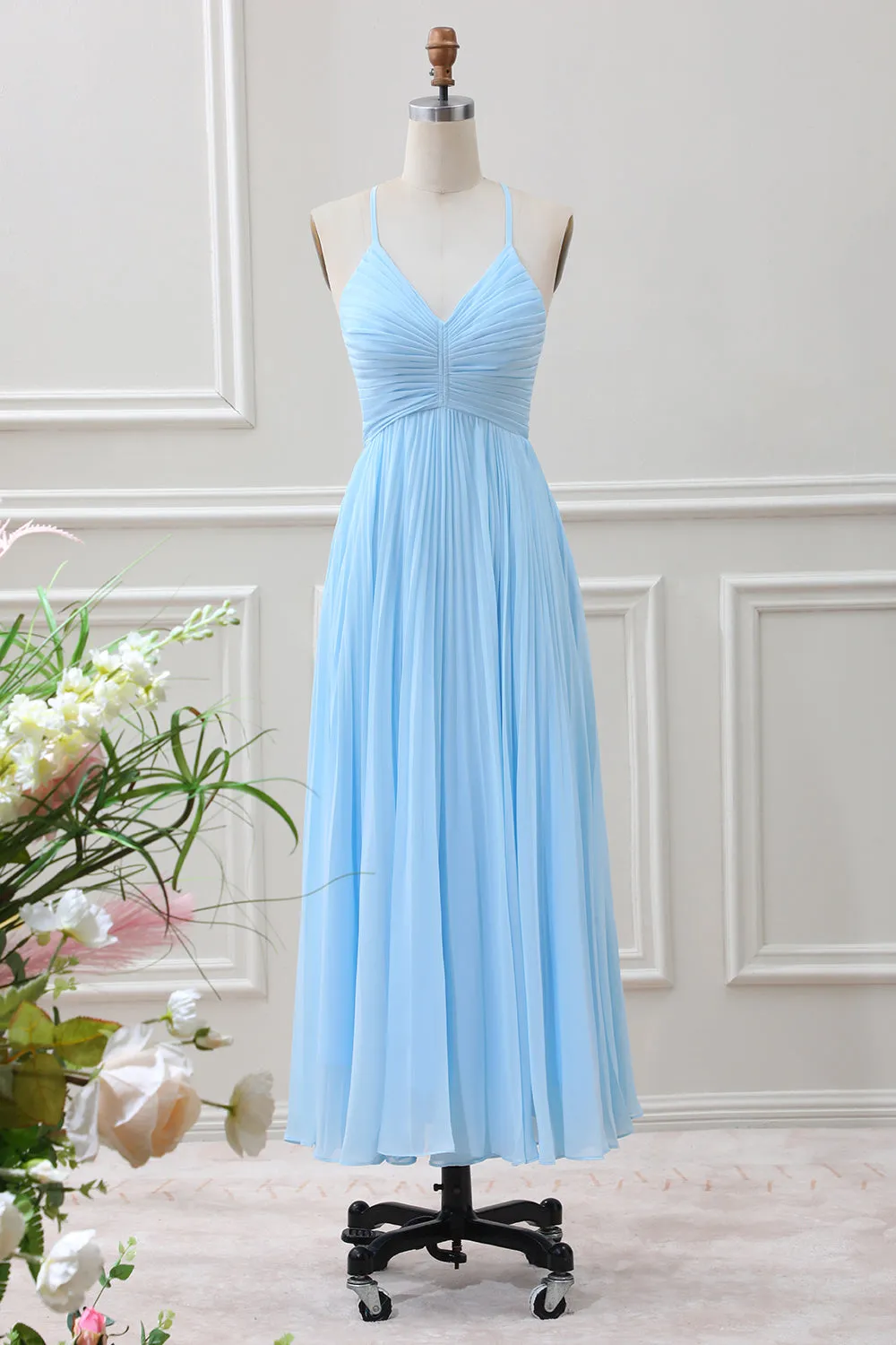 Sky Blue A Line Halter Pleated Chiffon Long Dress