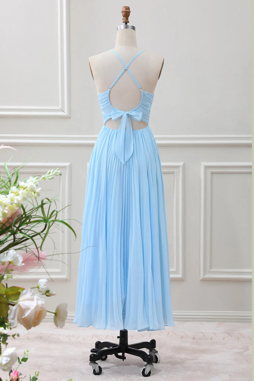 Sky Blue A Line Halter Pleated Chiffon Long Dress