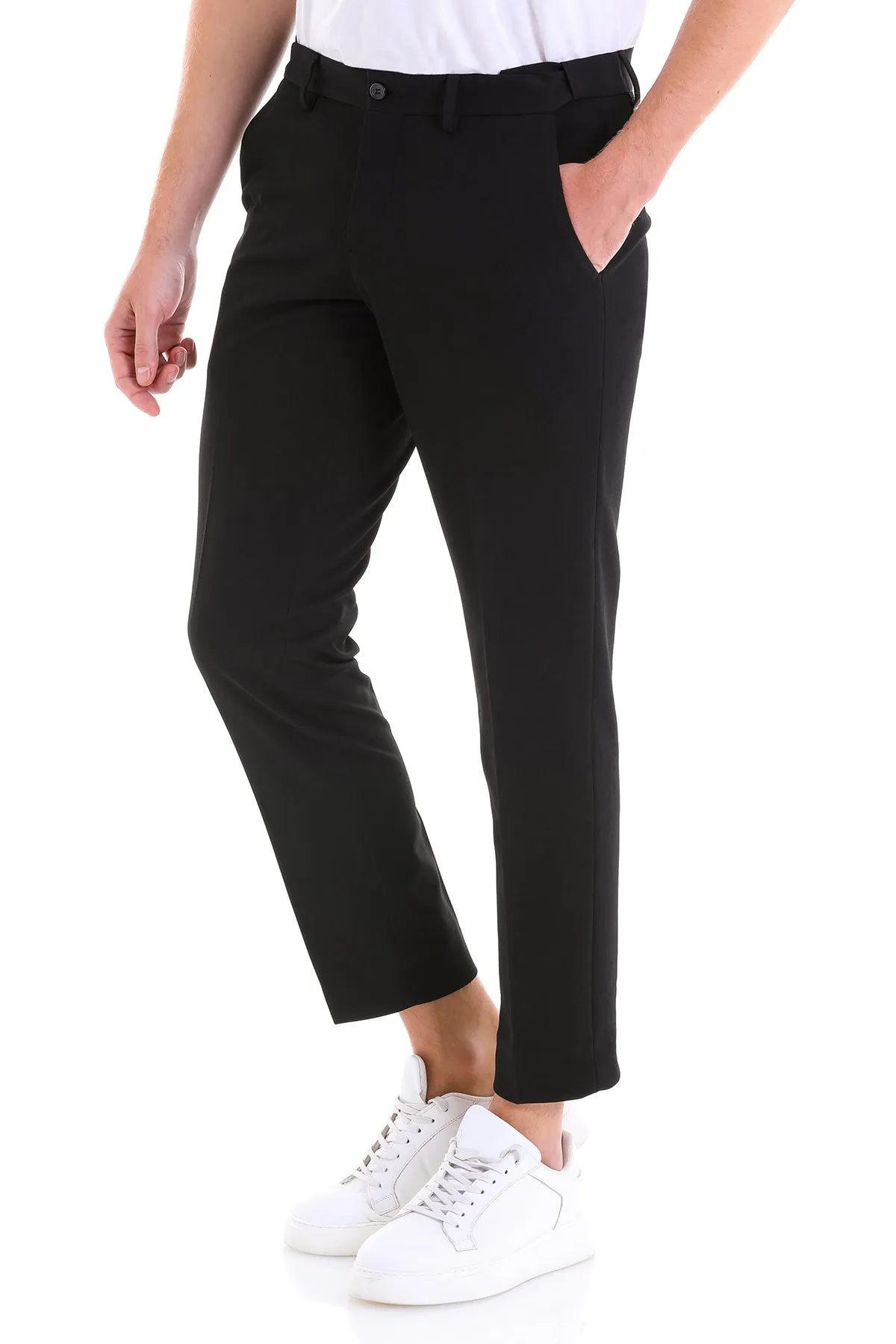 Slim Fit Side Pocket Low Waist Unpleated Cotton Black Dress Pants, Black