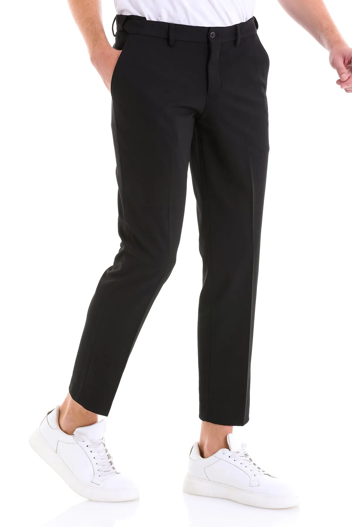 Slim Fit Side Pocket Low Waist Unpleated Cotton Black Dress Pants, Black