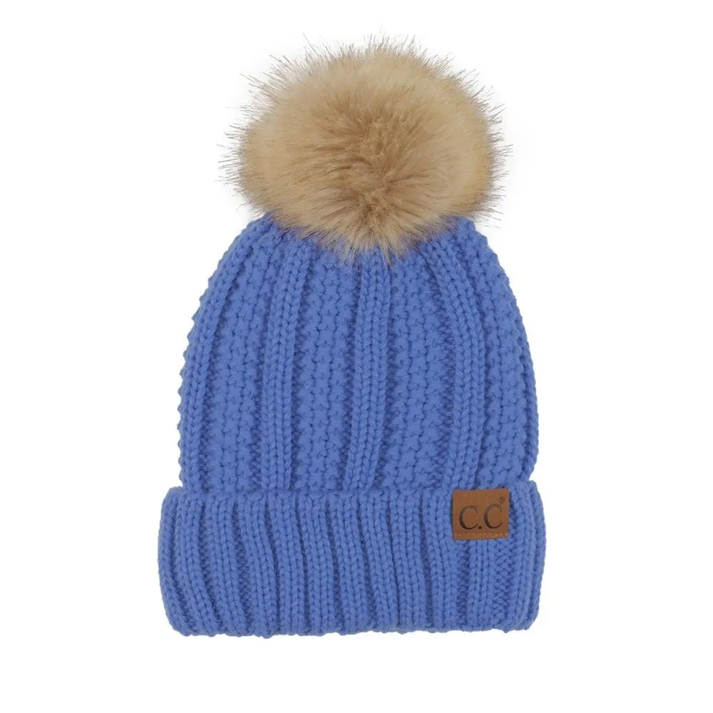 Solid Ribbed Pom Beanie - Iris Blue