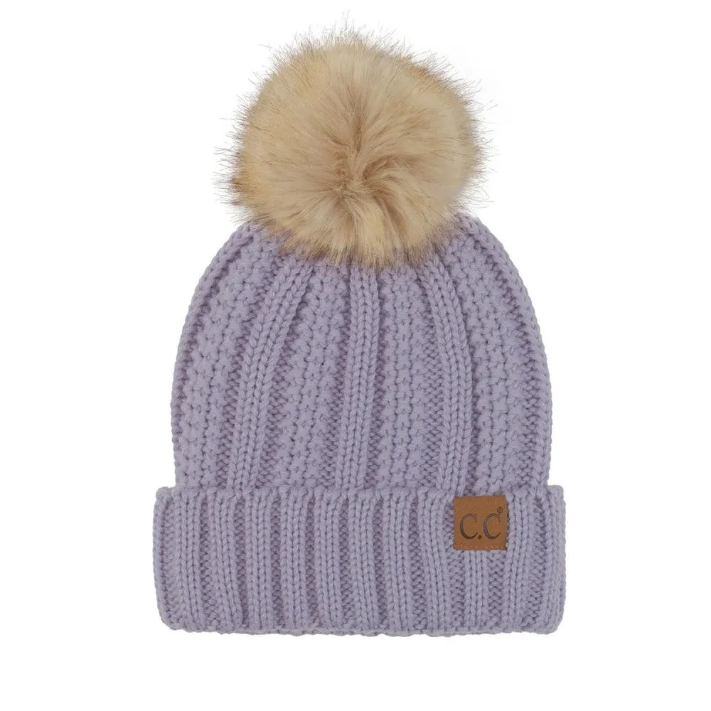 Solid Ribbed Pom Beanie - Lavender