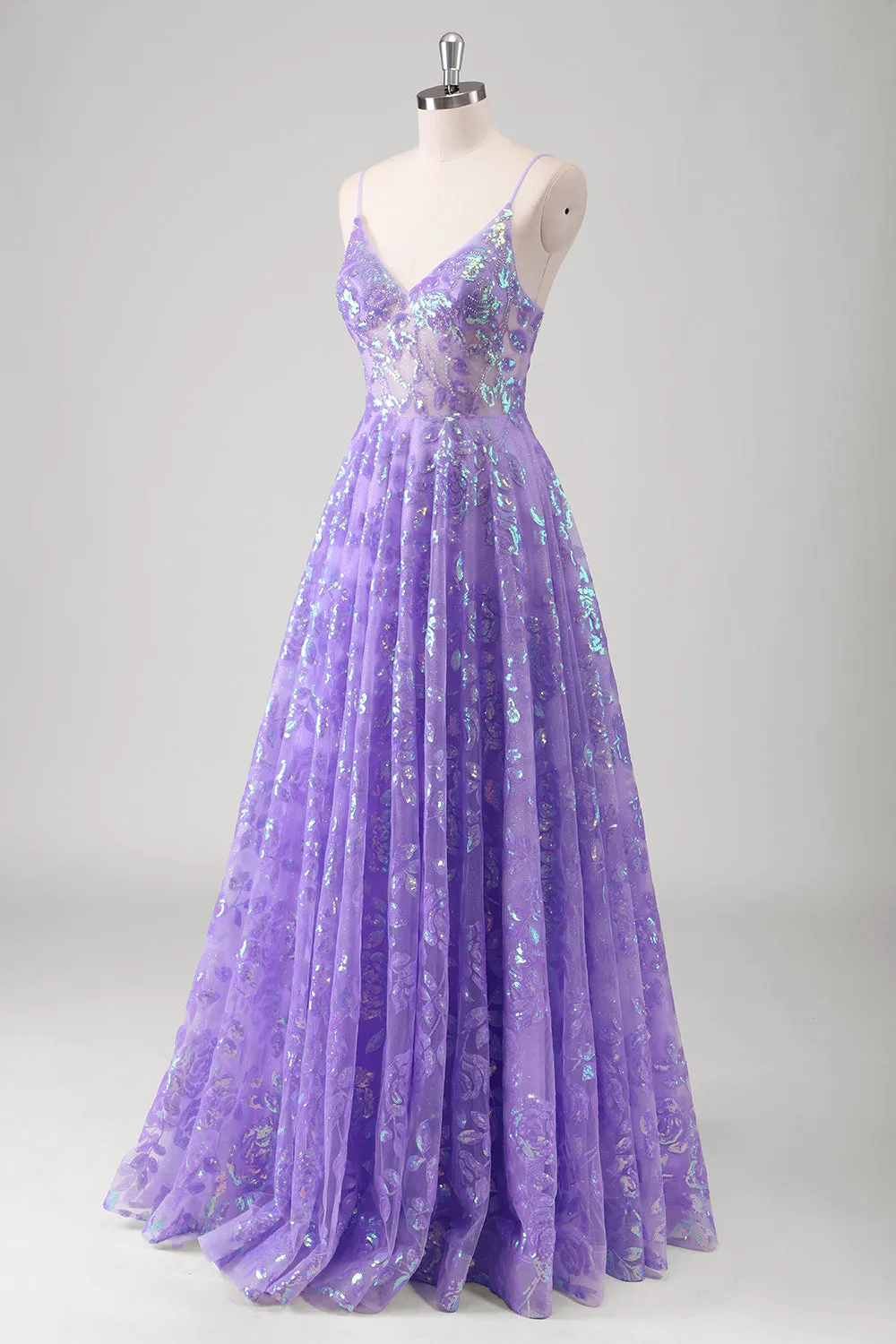 Sparkly Purple A Line Pleated Spaghetti Straps Prom Dress