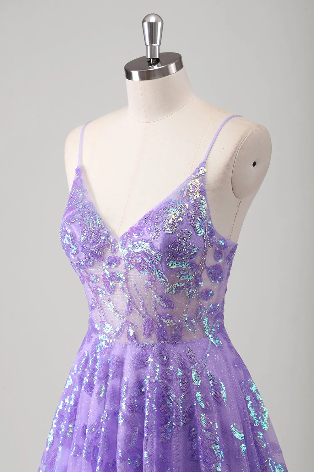 Sparkly Purple A Line Pleated Spaghetti Straps Prom Dress