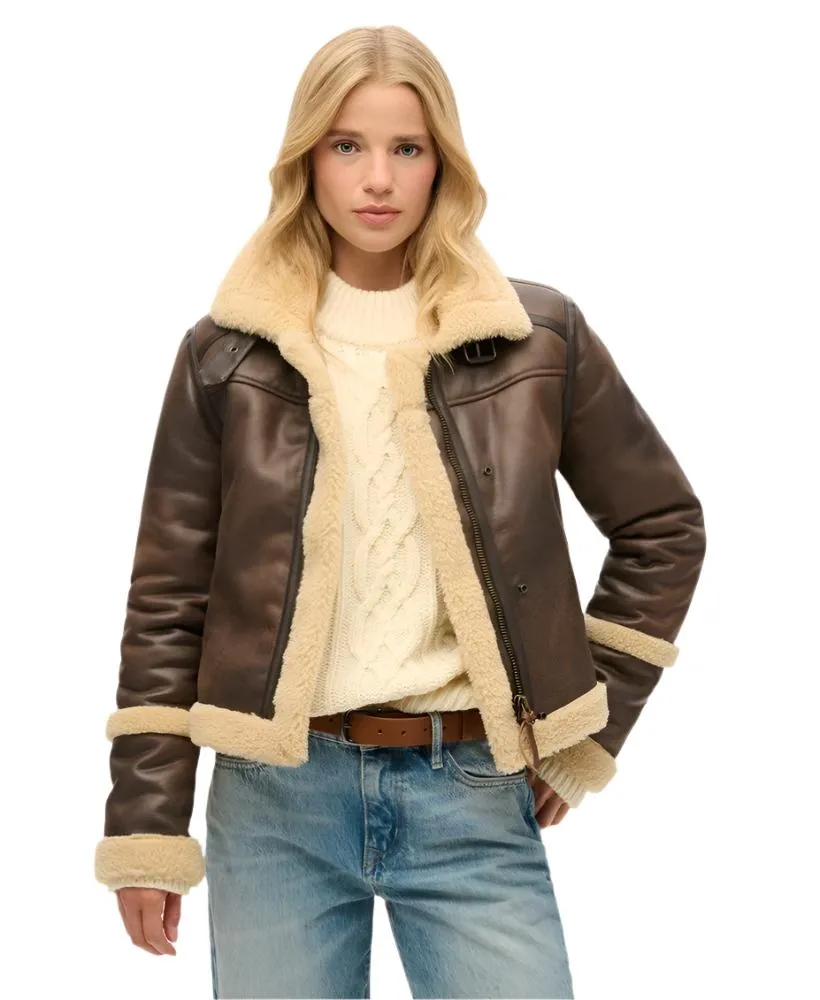 Superdry Womens Faux Shearling Crop Jacket Dark Brown