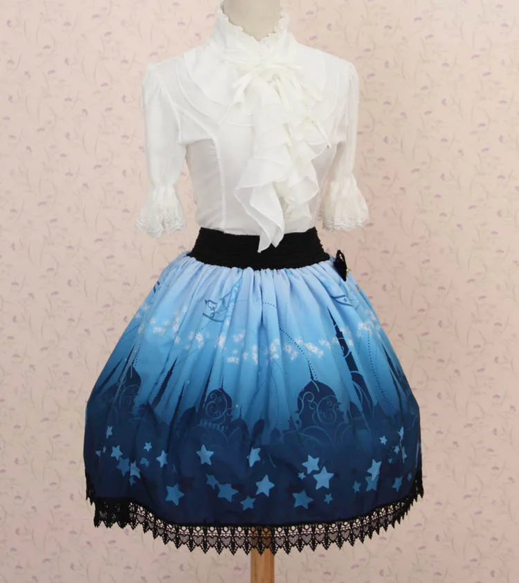 Sweet Princess Blue Moonlight Castle Printed Pleated Lolita A Line Skirt with Lace Trim and Bow