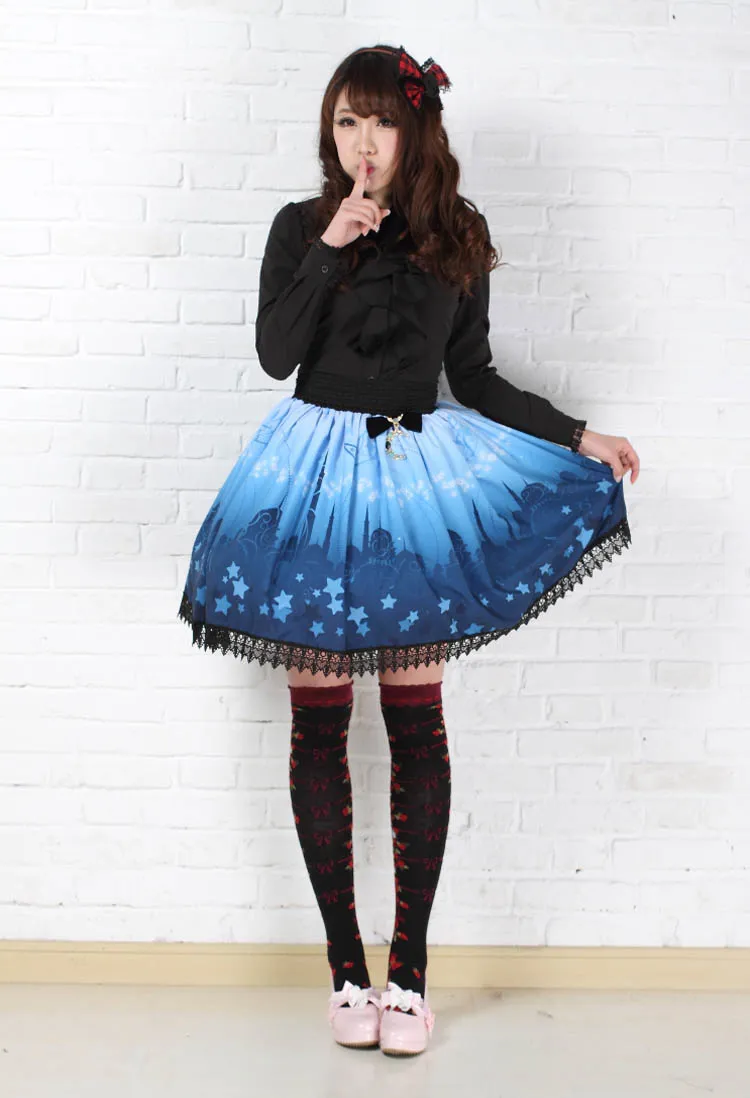 Sweet Princess Blue Moonlight Castle Printed Pleated Lolita A Line Skirt with Lace Trim and Bow