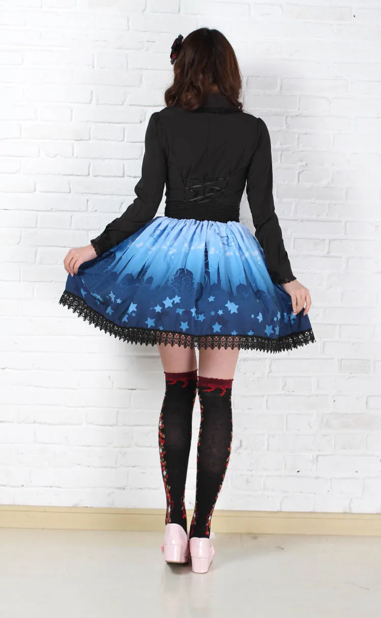 Sweet Princess Blue Moonlight Castle Printed Pleated Lolita A Line Skirt with Lace Trim and Bow