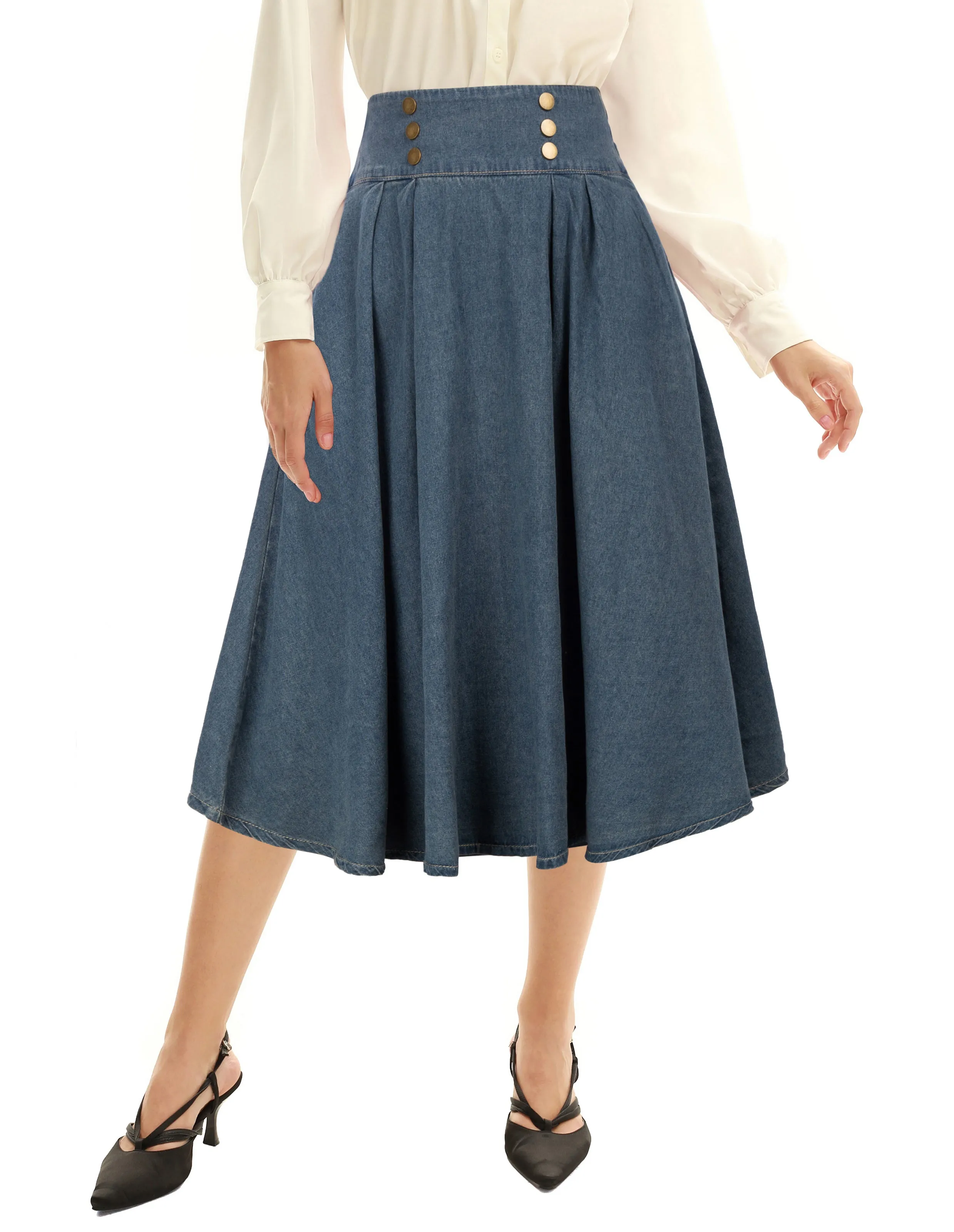 Swing Jean Skirt Elastic High Waist Buttons Decorated Skirt