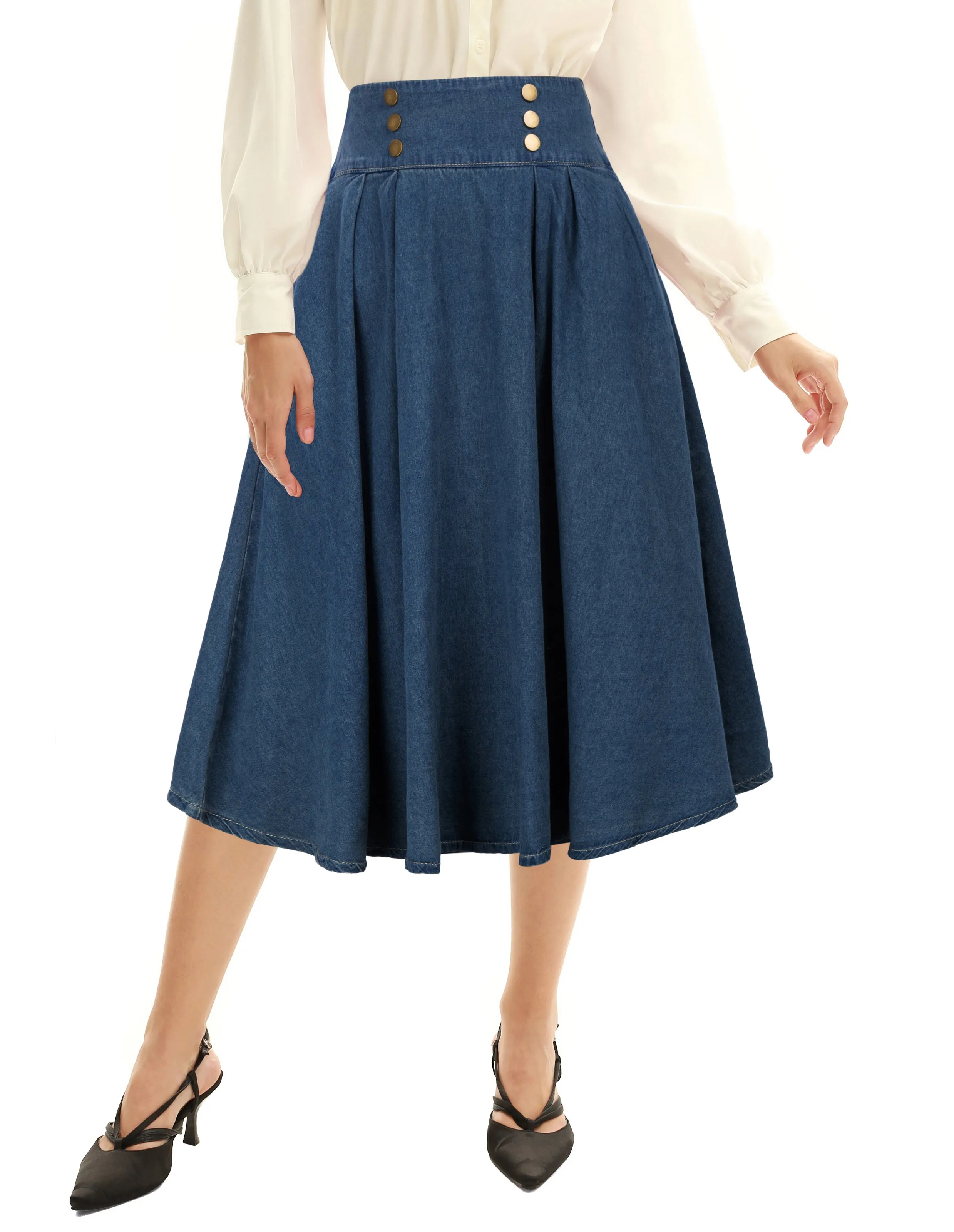 Swing Jean Skirt Elastic High Waist Buttons Decorated Skirt