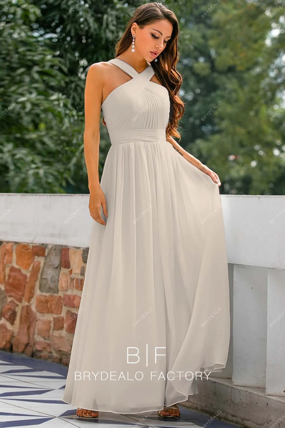 Taupe Chiffon Pleated Halter Floor Length A-line Formal Dress