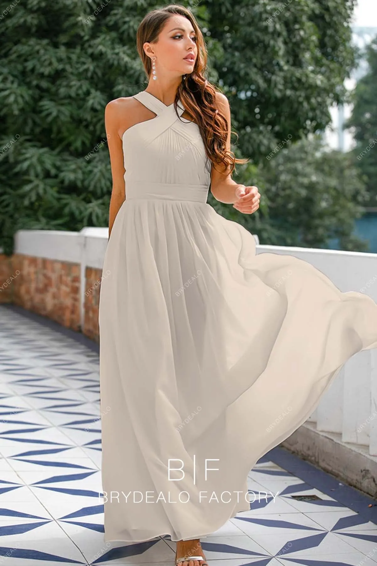 Taupe Chiffon Pleated Halter Floor Length A-line Formal Dress