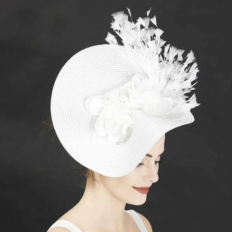 Trendy Fashion Derby Feather White Flower Hat