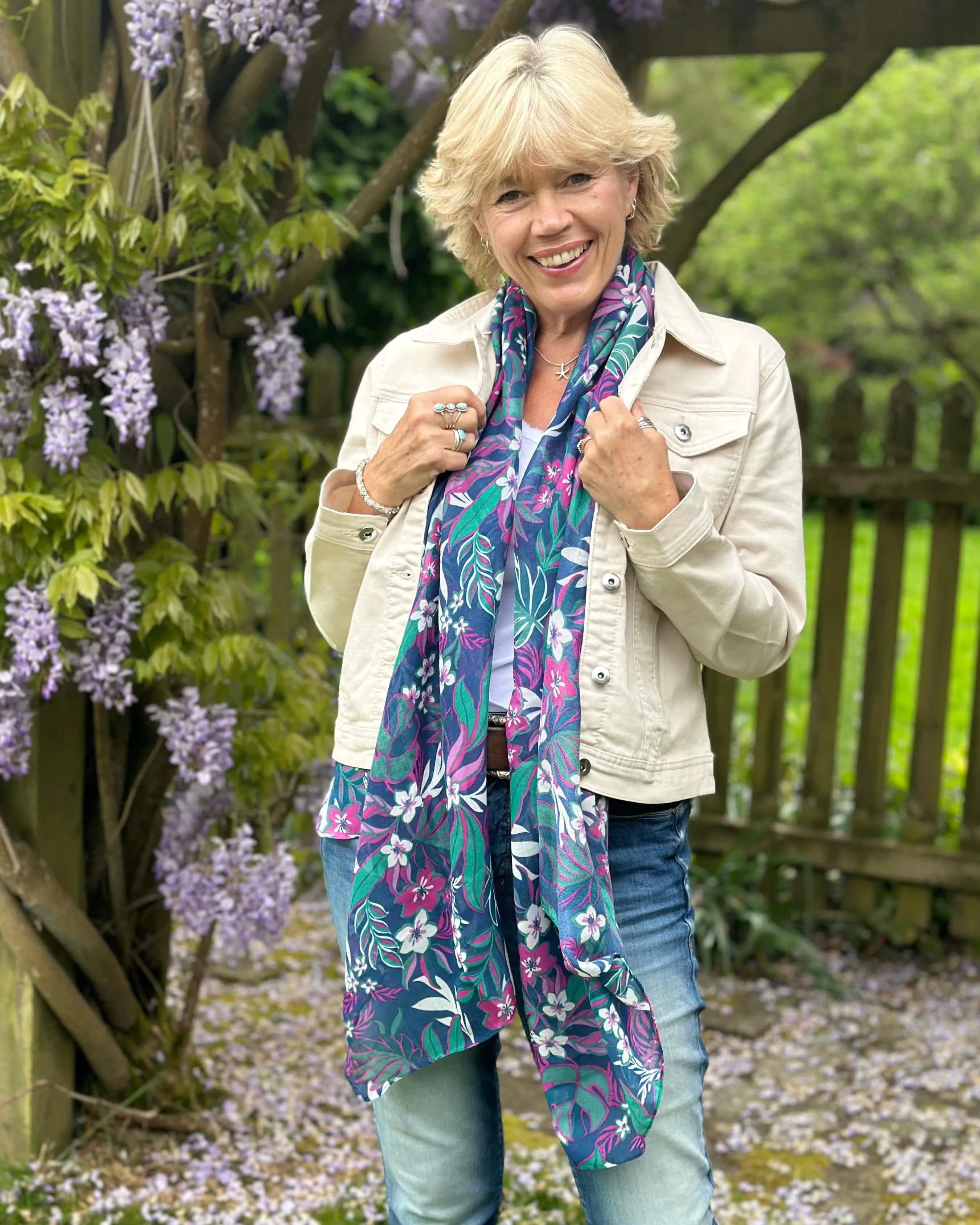 Tropical Floral Print Recycled Scarf - Teal Mix