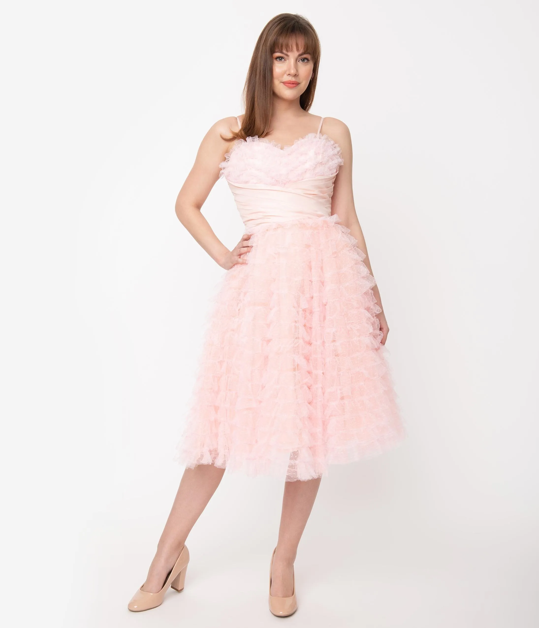 Unique Vintage 1950s Pale Pink Ruffled Tulle Sweetheart Cupcake Swing Dress