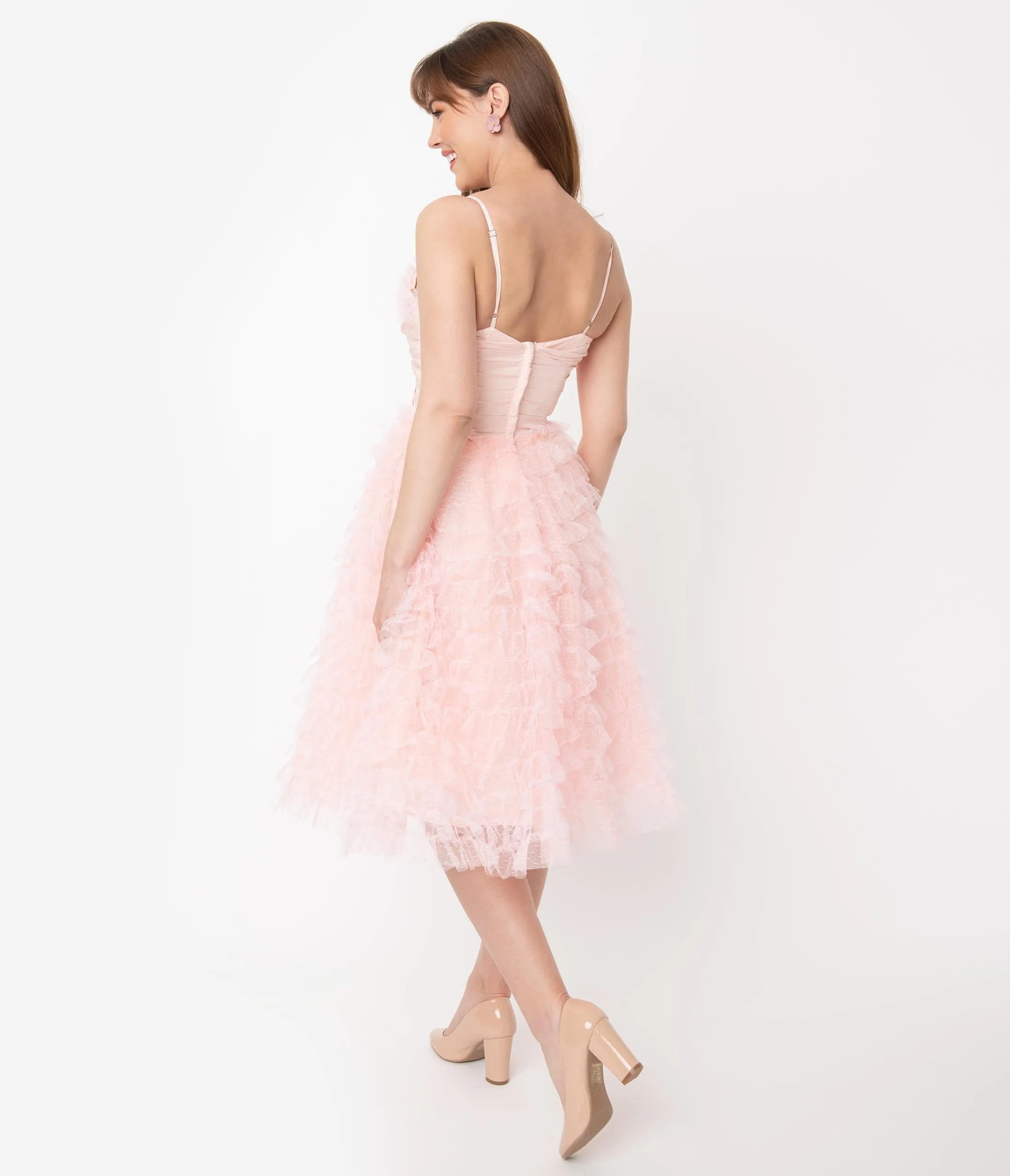 Unique Vintage 1950s Pale Pink Ruffled Tulle Sweetheart Cupcake Swing Dress