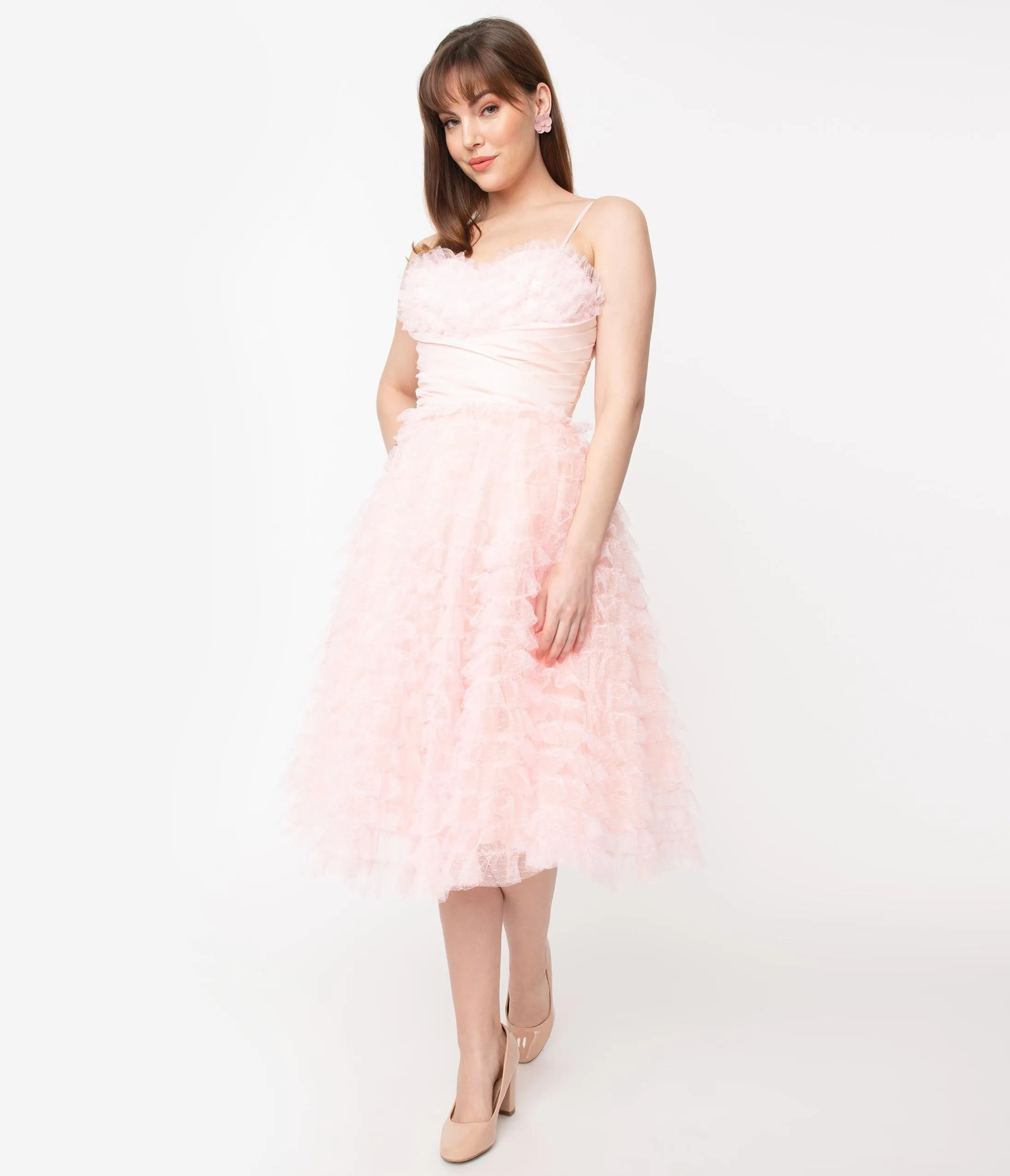 Unique Vintage 1950s Pale Pink Ruffled Tulle Sweetheart Cupcake Swing Dress