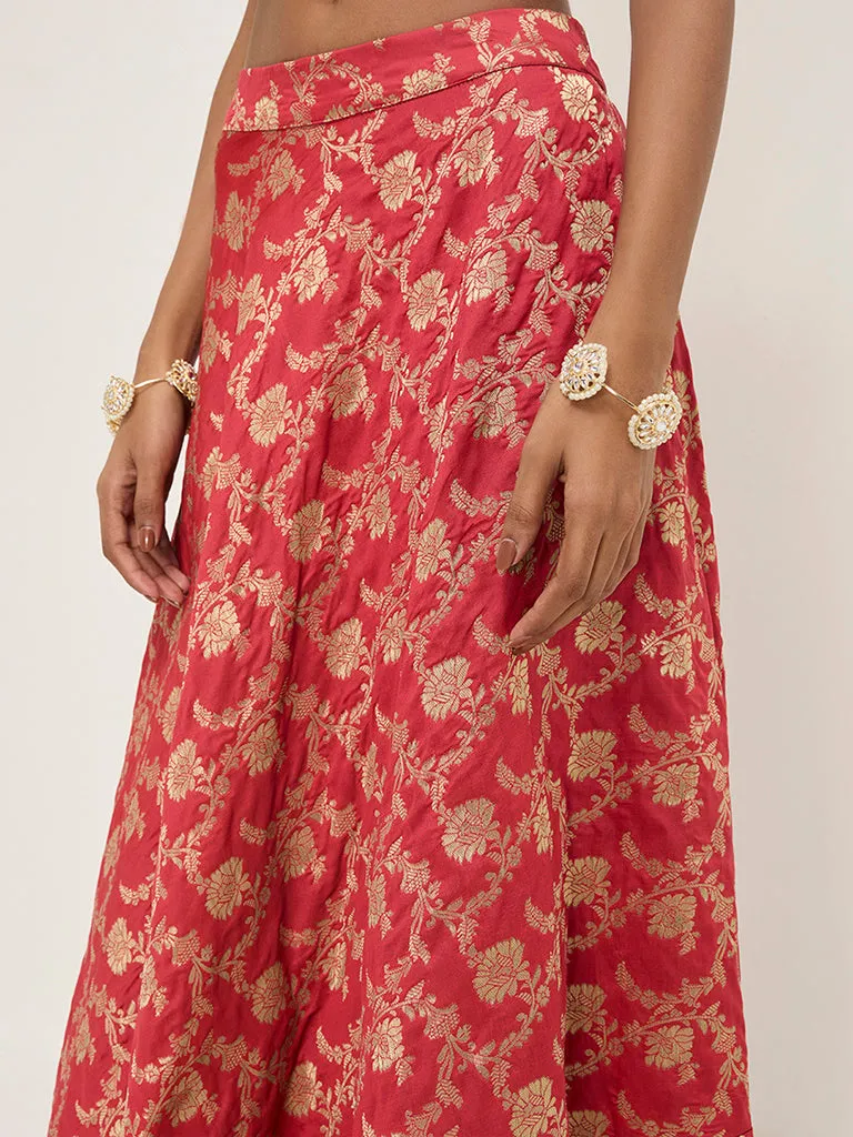 Vark Red Brocade High-Rise Skirt