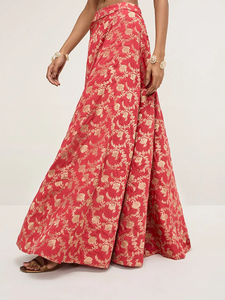 Vark Red Brocade High-Rise Skirt