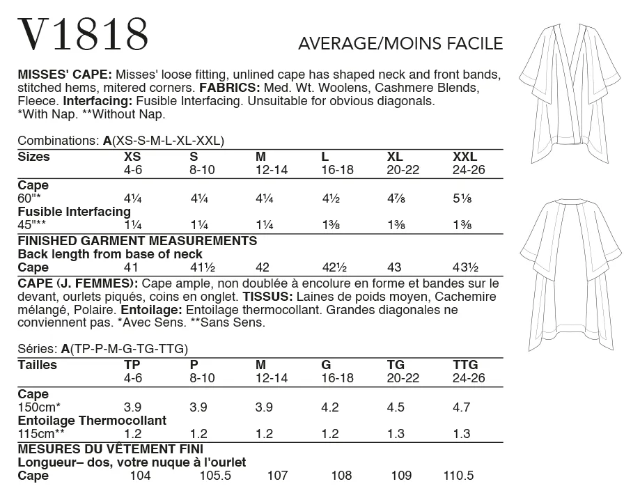 Vogue Pattern V1818  Misses' Cape