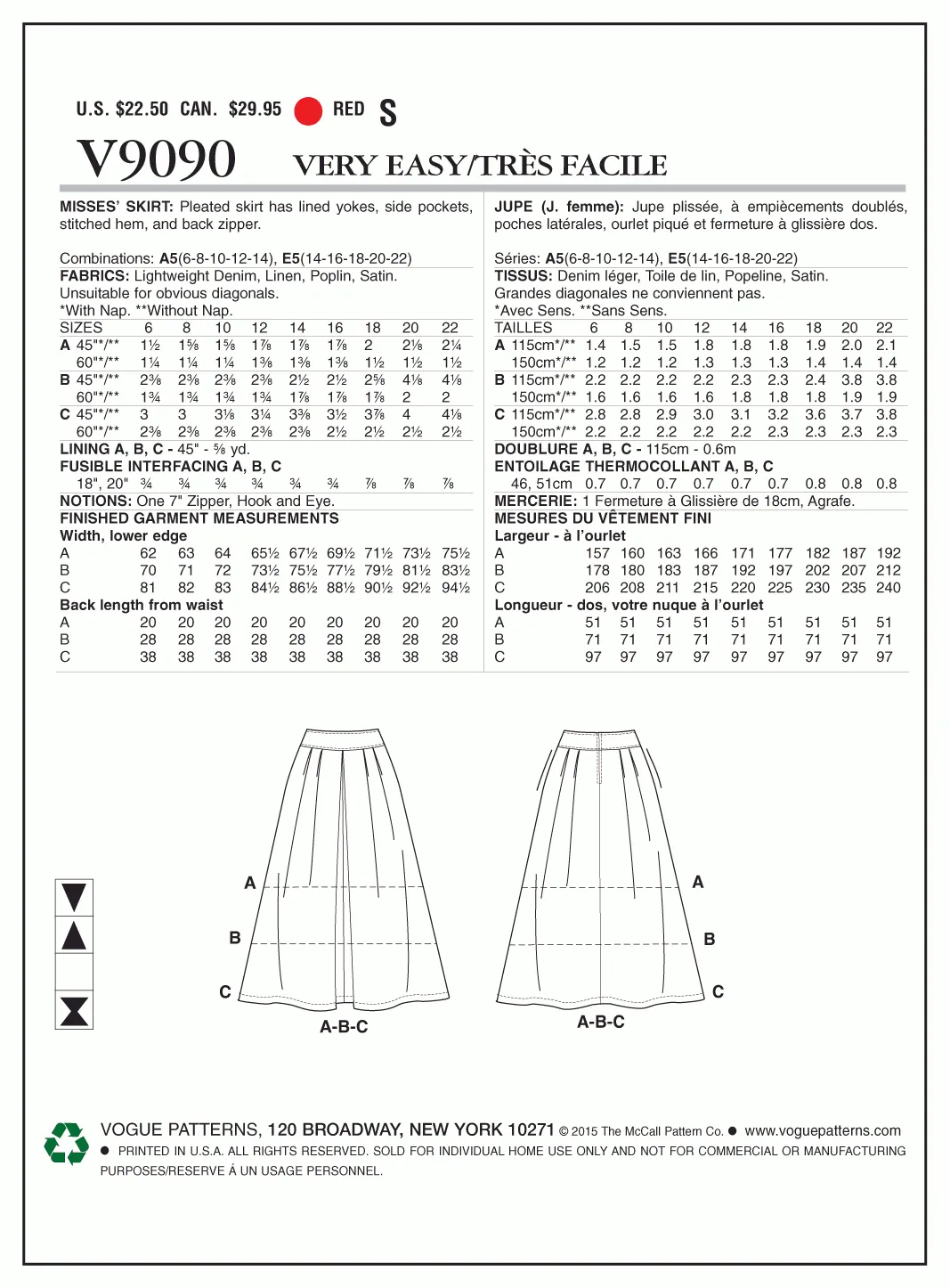 Vogue Pattern V9090 Misses' Skirt