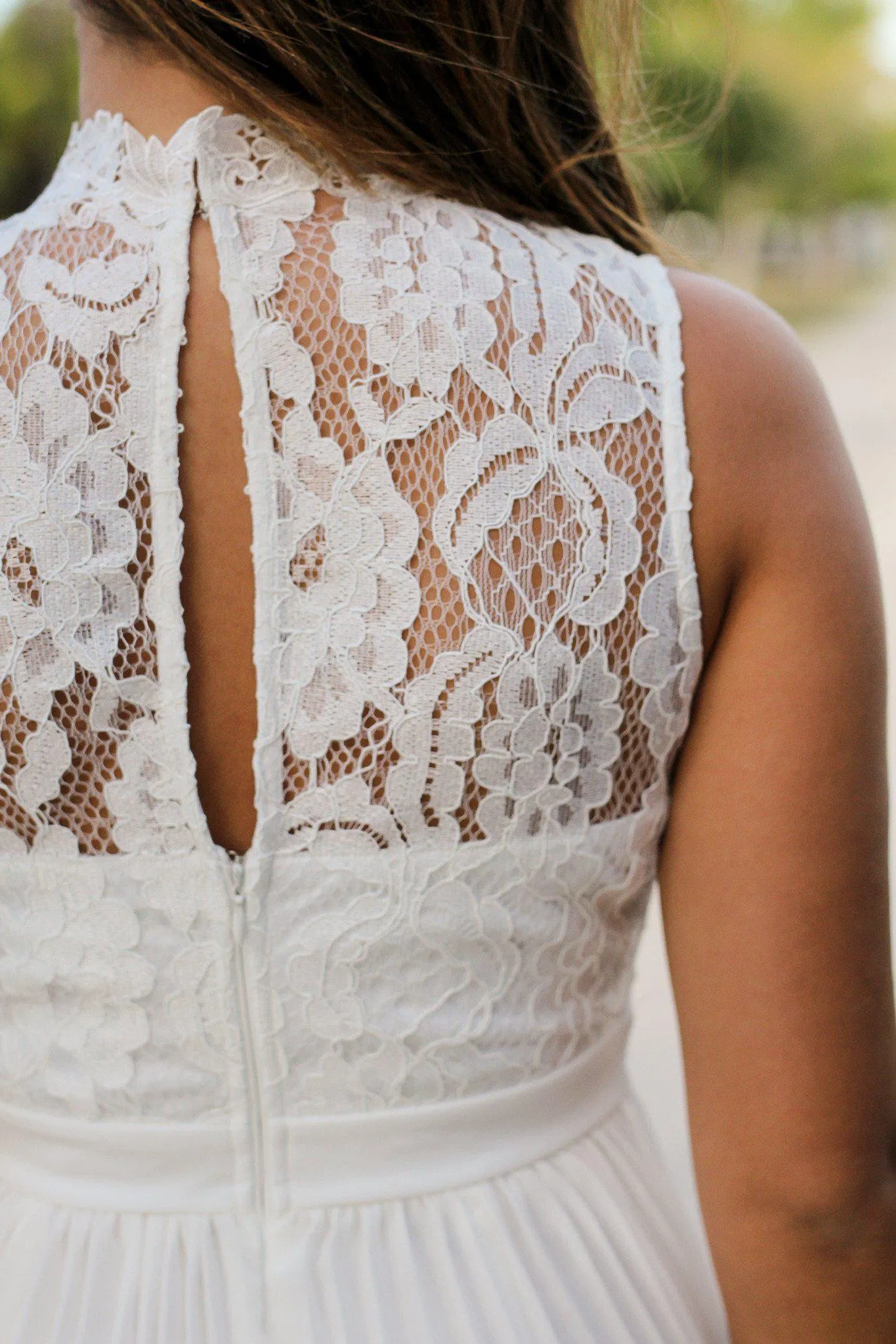 White Lace Maxi Dress with Pleated Bottom