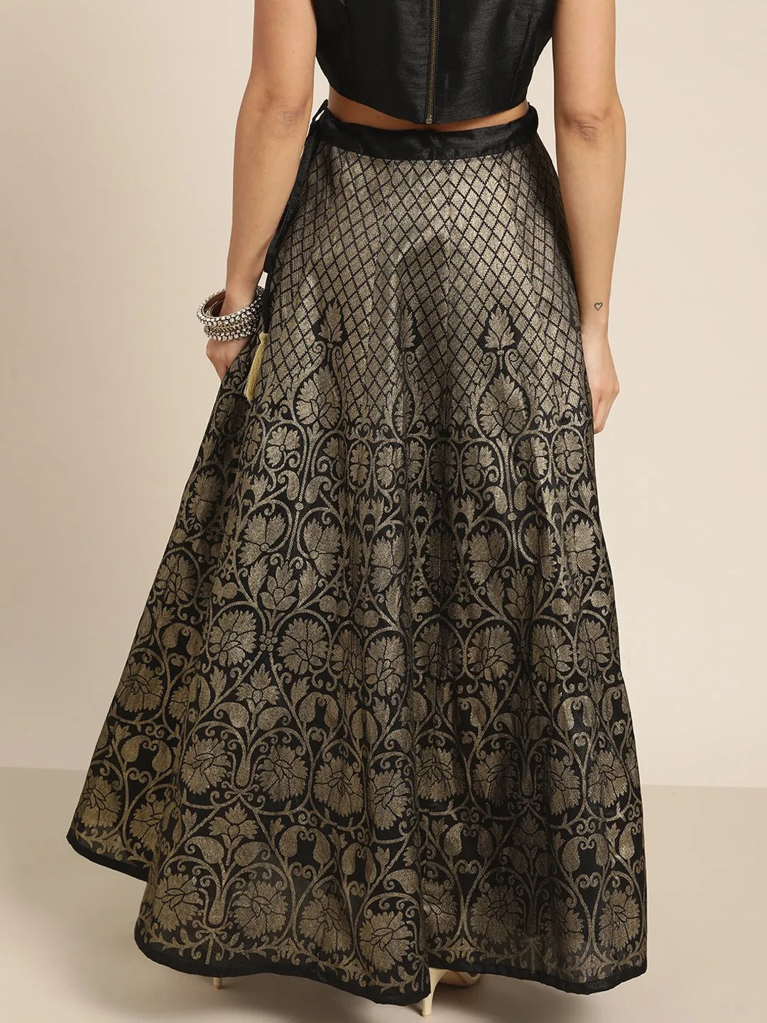 Women Black Kali Foil Print Anarkali Skirt