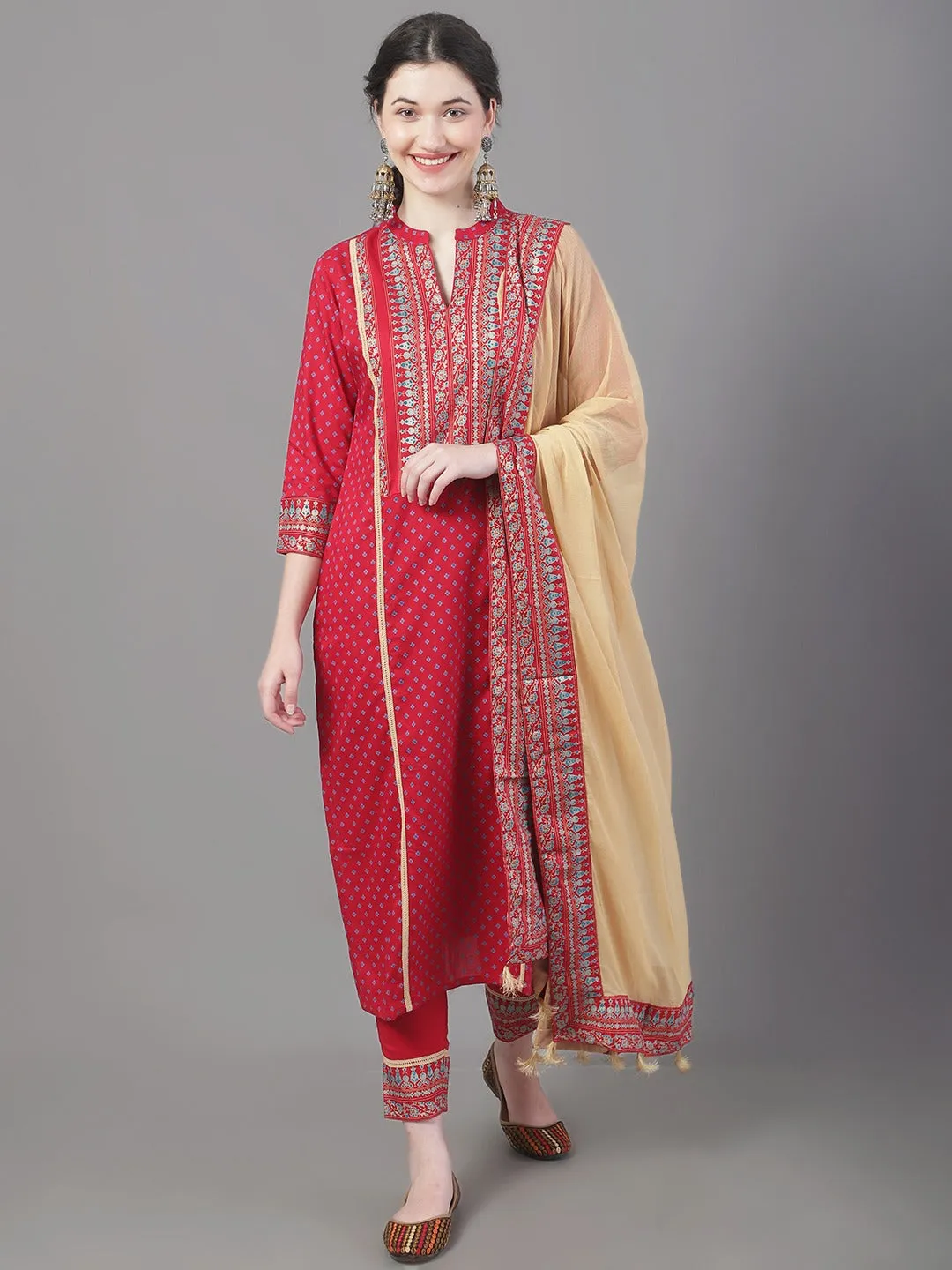 Women Ethnic Motifs Printed Straight Kurta With Trousers & Dupatta