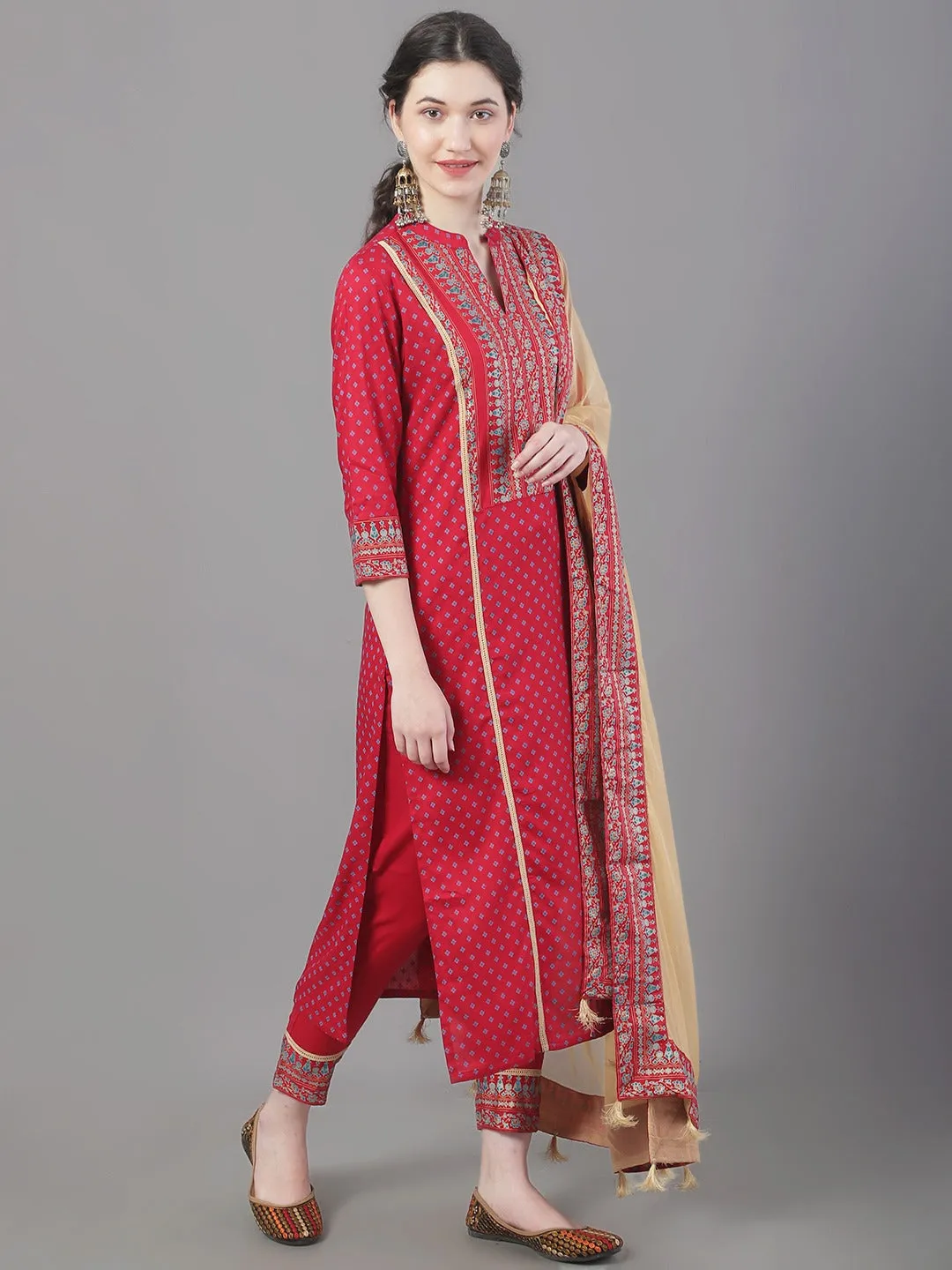 Women Ethnic Motifs Printed Straight Kurta With Trousers & Dupatta