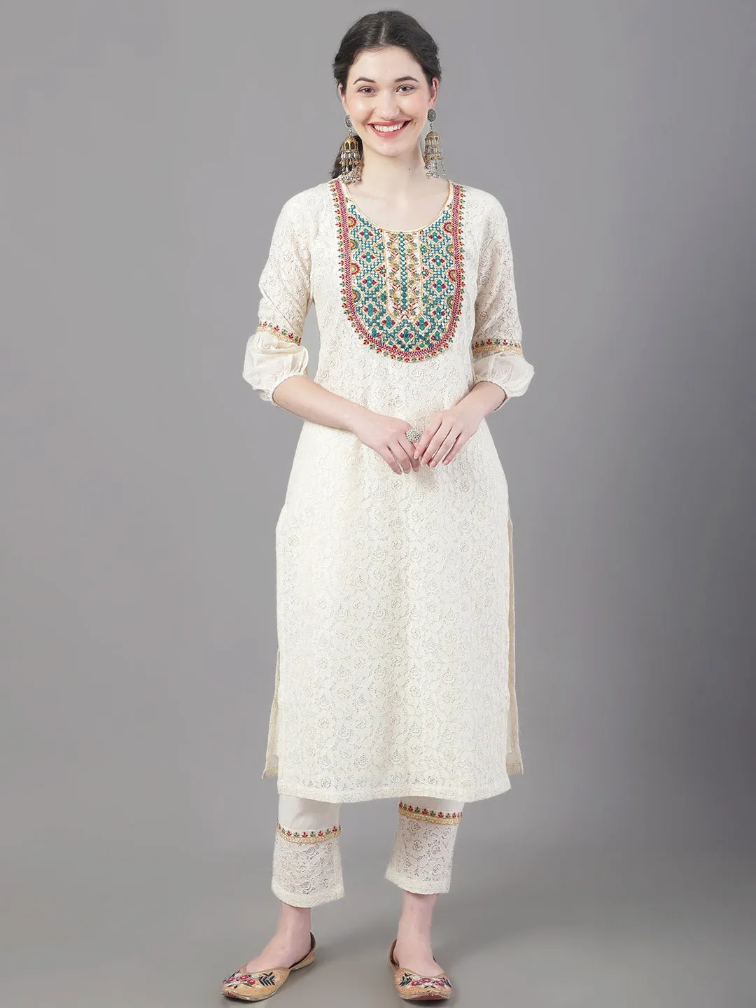 Women Ethnic Motifs Yoke Design Thread Work Pure Cotton Kurta With Trousers & Dupatta