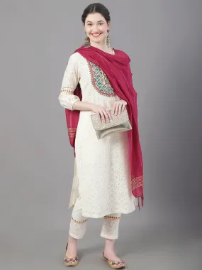 Women Ethnic Motifs Yoke Design Thread Work Pure Cotton Kurta With Trousers & Dupatta